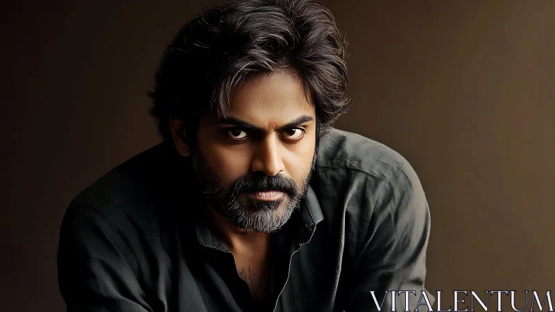 Intense bearded man in dark shirt against plain backdrop.