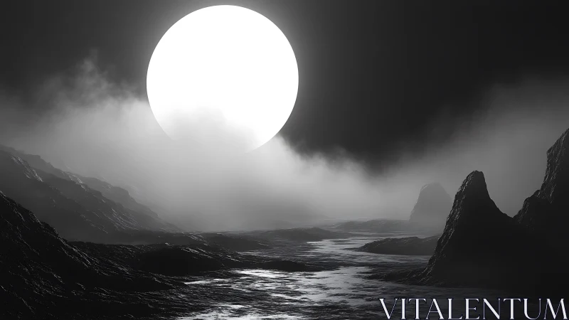 Moonrise over obsidian valleys in a spectral midnight mist.