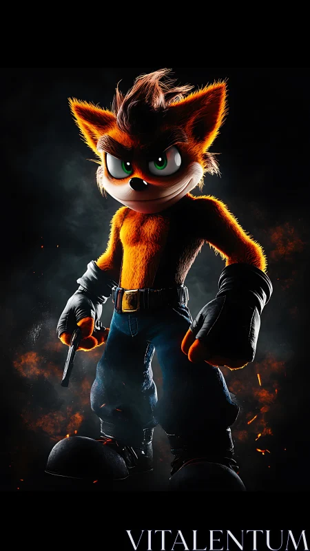 Anthropomorphic fox warrior in cinematic 3D lighting profile.
