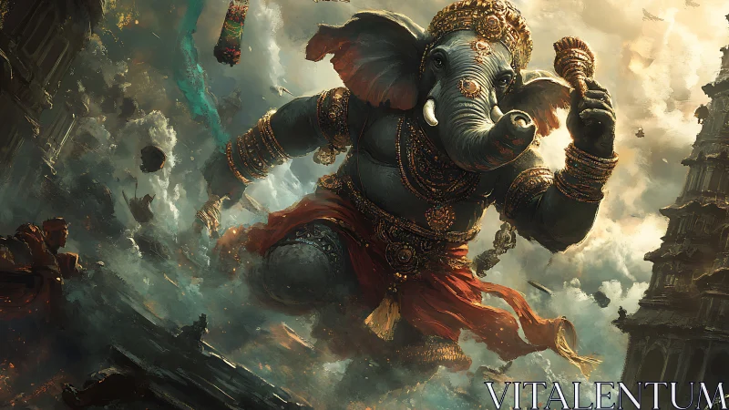 Storm-striding elephant deity dancing through crumbling sky temples.