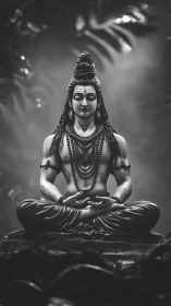 Monochrome meditative deity statue in chiaroscuro composition.