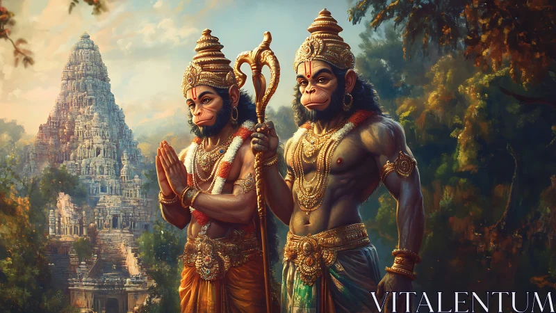 Hanuman-inspired monkey warriors before ornate temple.