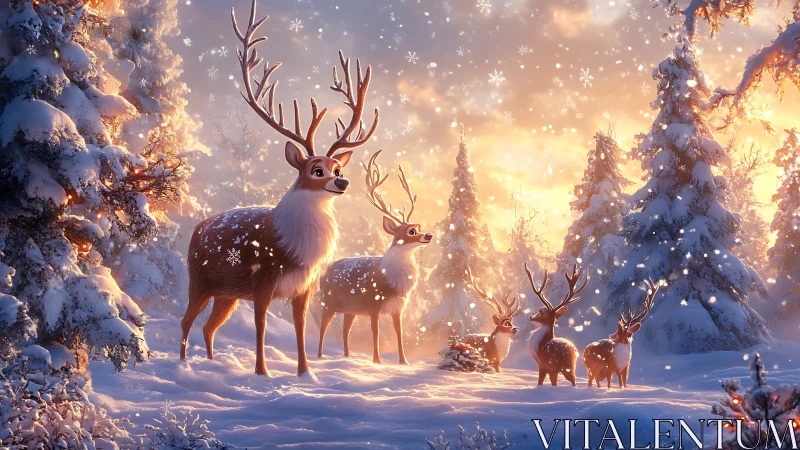Group of stylized reindeer stands in snowy forest at sunrise