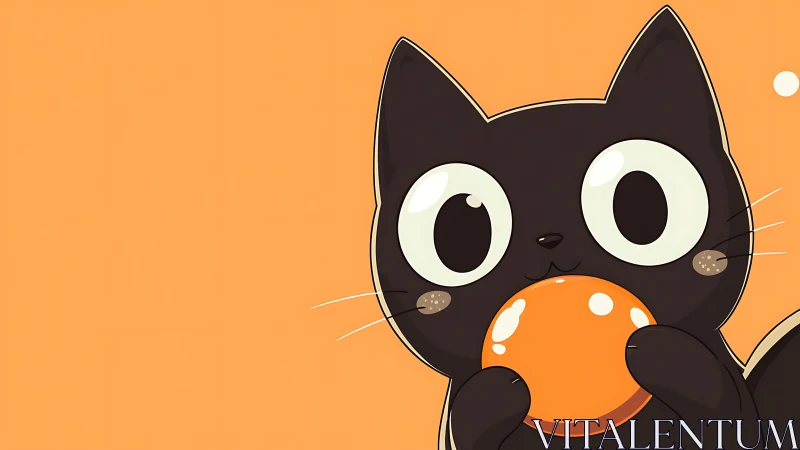 Black cartoon cat holding orange ball on orange background.