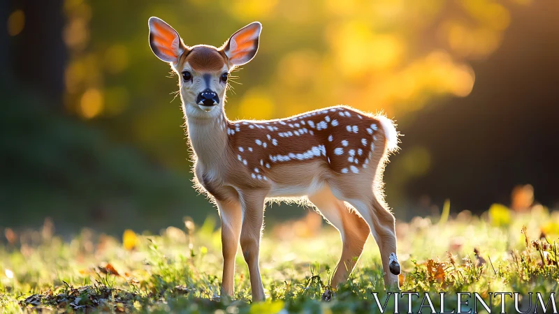 Sunlit fawn pauses in a golden forest daydream meadow.