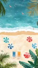 Tropical beach from above with umbrellas and surf.