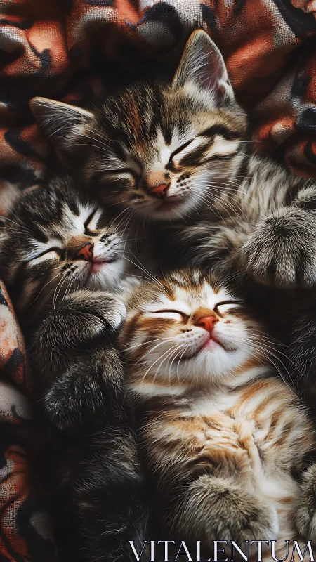 Three Tabby and Calico Kittens in Deep Slumber on Patterned Textile.