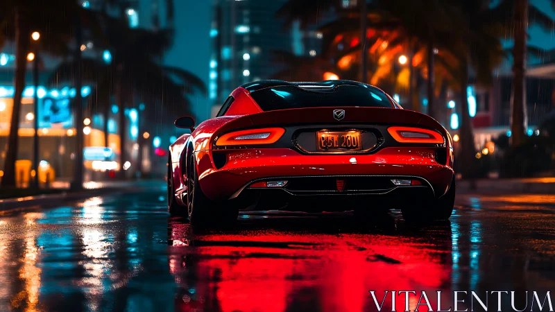Red sports coupe on wet city street at night in rain.
