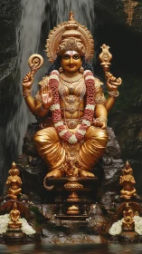 Golden Hindu deity statue before waterfall rock shrine.