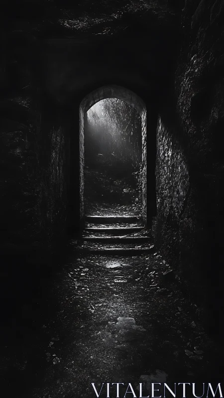 Dark stone tunnel framing distant light through archway.