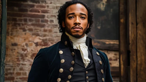 Regal man in historical navy coat stands before weathered wall