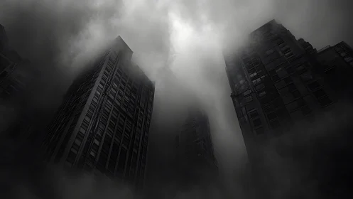 Monolithic skyscrapers dissolve into dense industrial fog.