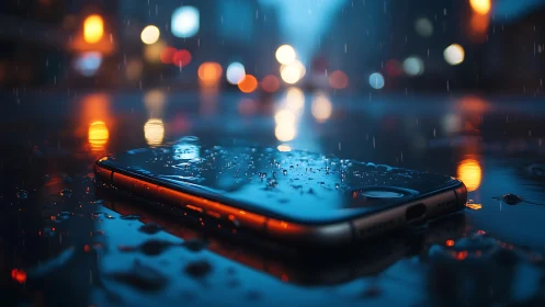 Mobile phone lying on wet city street in evening rain.