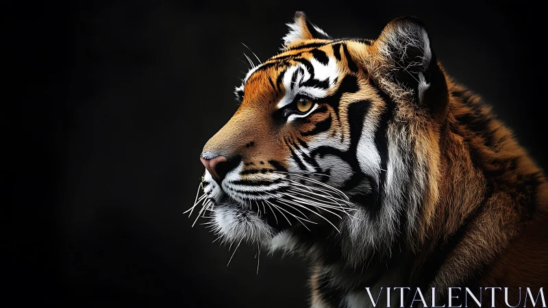 Side-lit tiger portrait isolates detailed fur texture against black