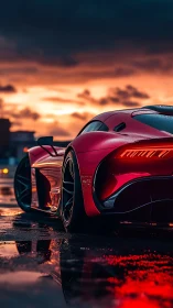 Rear view crimson supercar under stormy sunset sky.