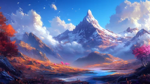 Vibrant alpine peak above luminous autumn valleyscape.