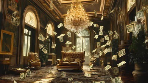 Luxurious palace lounge with raining dollar bills in motion.