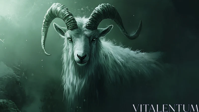 High-contrast horned goat portrait with volumetric mist and rim lighting