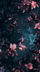 Nocturnal songbird amid bioluminescent blossoms and foliage