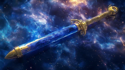Celestial crystal sword glows amid swirling galactic clouds.