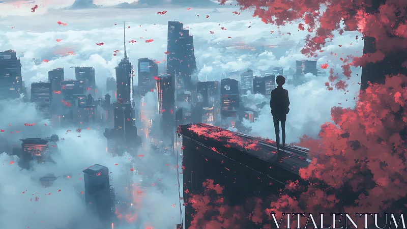 Solitary observer on aerial ledge overlooking fog-drowned megacity