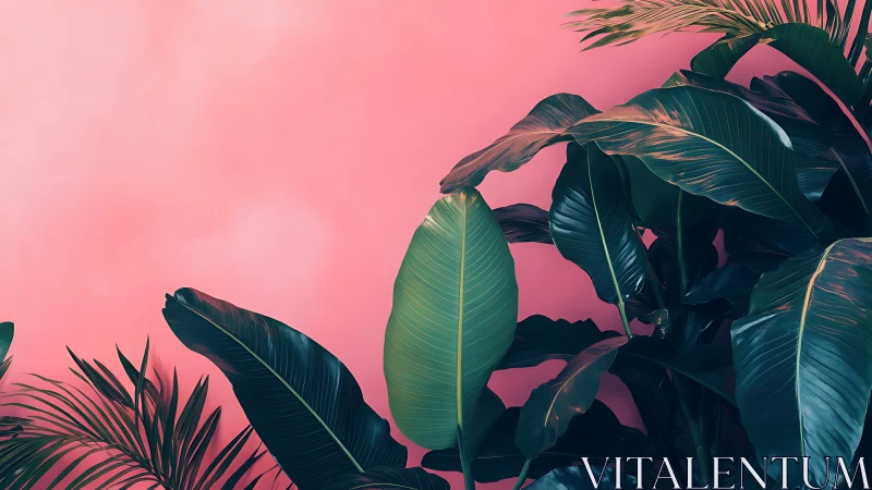 Tropical banana foliage against matte coral gradient backdrop