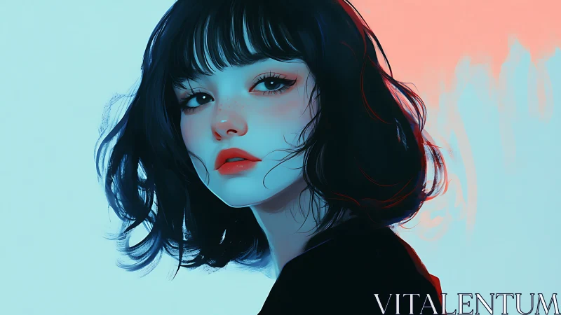 Digital portrait of blue lit girl with short dark hair profile