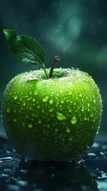 Rain-kissed green apple gleams like polished emerald temptation.