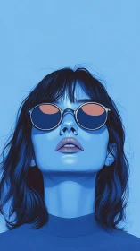 Cool blue muse in reflective sunglasses gazing skyward.