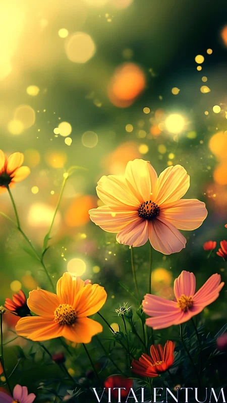 Bokeh-Lit Cosmos Flowers: Yellow and Pink Petaled Cultivars in Selective Focus