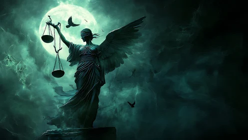 Winged blindfolded justice statue before full moon.