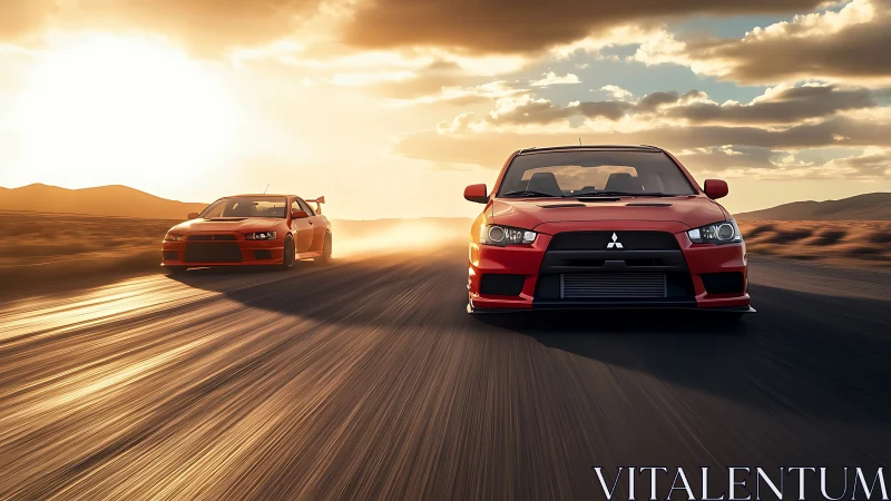 Twin red sport sedans racing desert highway at sunset light