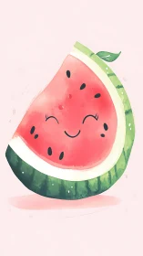 Smiling watermelon slice illustration with soft pastel hues.