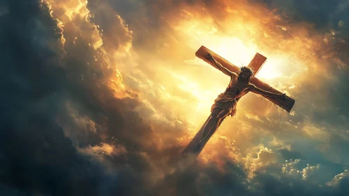 Crucifix figure is suspended against dense illuminated clouds