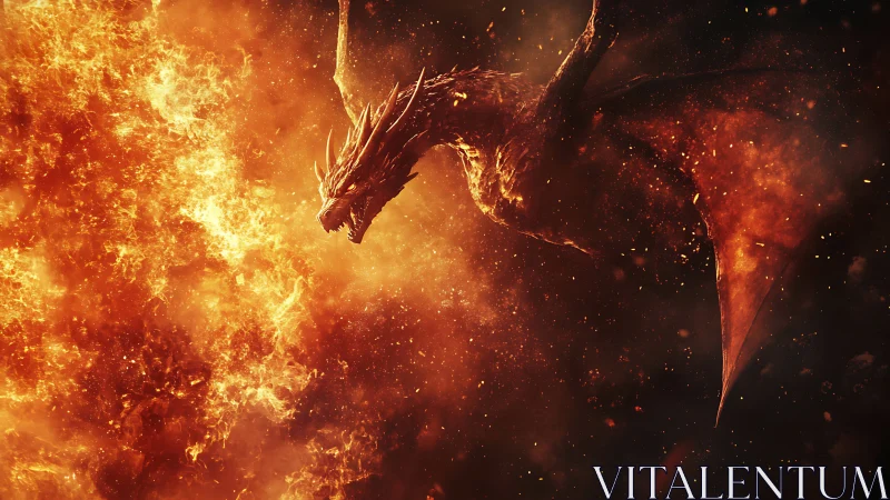 Fiery dragon soaring through swirling sparks and glowing flame.