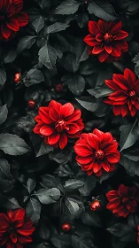 Red Dahlias Against Darkened Foliage: High Contrast Garden Study.