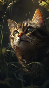 Young tabby cat gazes upward through sunlit forest grass