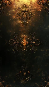 Ornate gold filigree pattern on dark textured background.