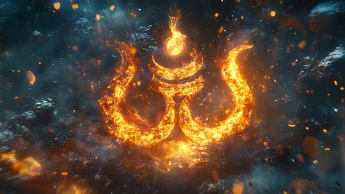 Fiery trident sigil suspended in stormy cosmic void.