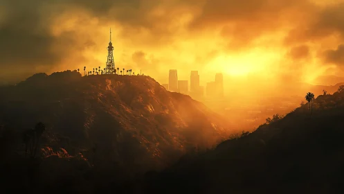 Television tower and hazy city skyline under intense sunset