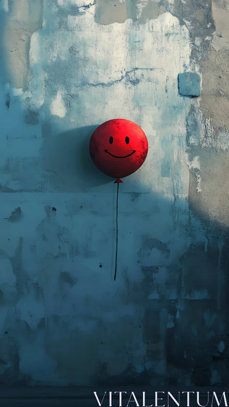 Red balloon with smile symbol hangs before textured wall