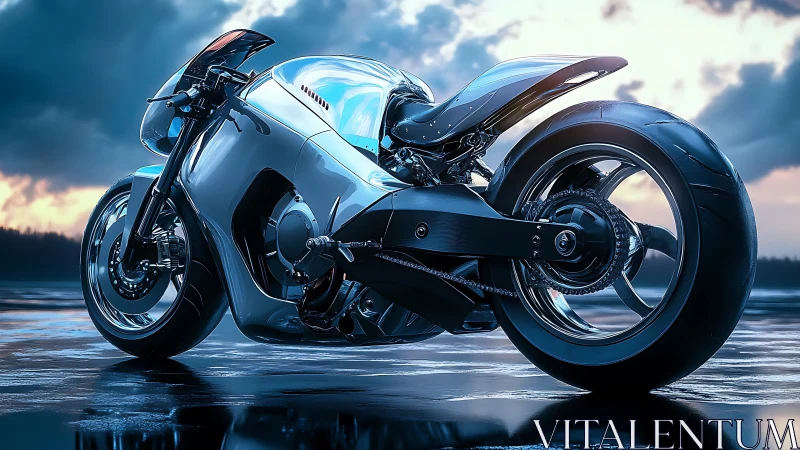 Futuristic sport motorcycle on wet reflective surface at dusk.