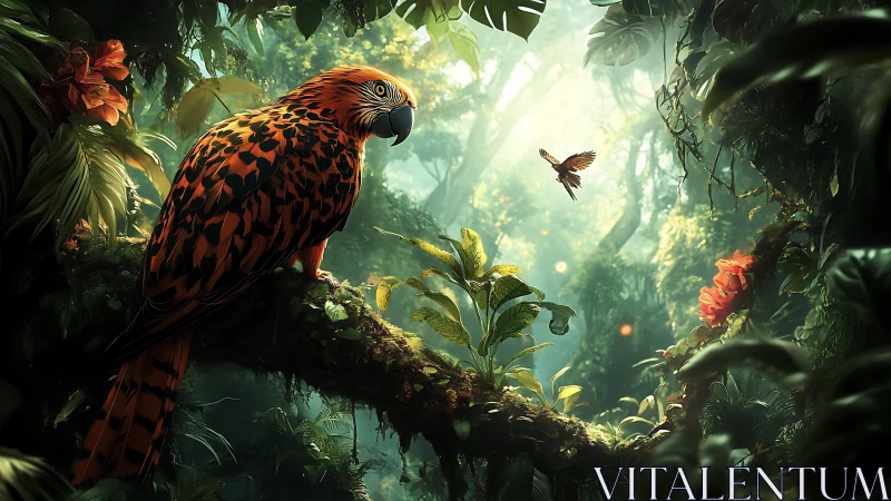 Radiant jungle parrot rests calmly on a mossy forest branch