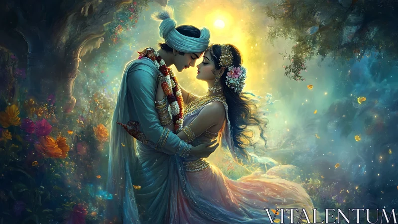 South Asian figures with ornamental dress in luminescent garden setting.