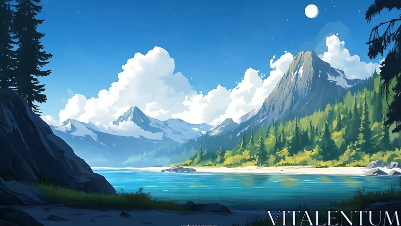 Alpine Lake Beneath Twin Peaks and Moon