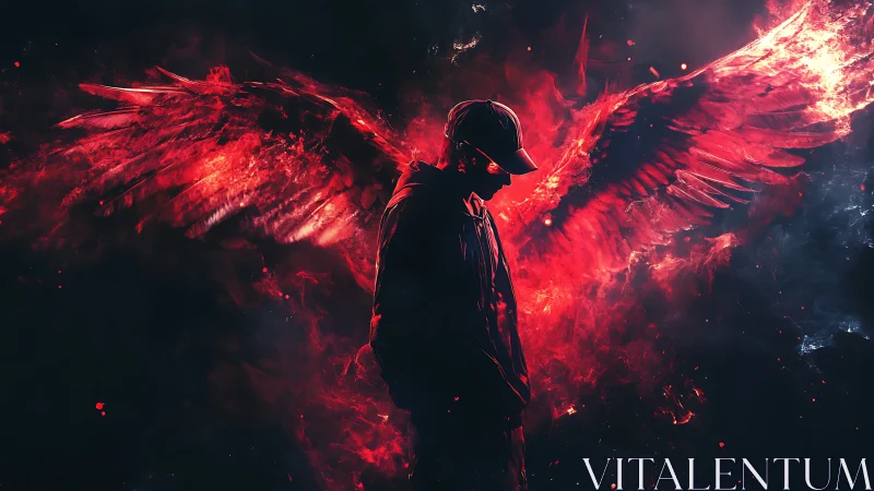 Ember-winged urban angel brooding in a storm of firelight.