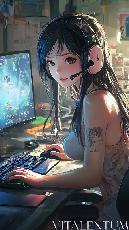 Cozy gamer girl immersed in a glowing, dreamlike desktop world.
