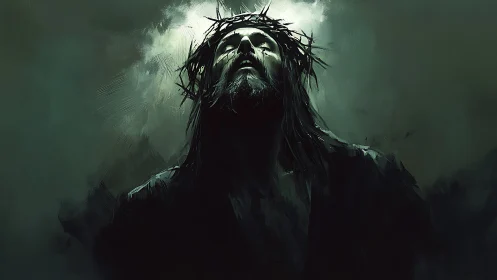 Crowned figure in chiaroscuro haze under directional halo light.