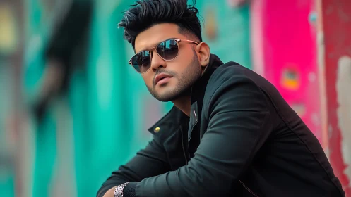 Stylish man in sunglasses against teal pink urban wall.