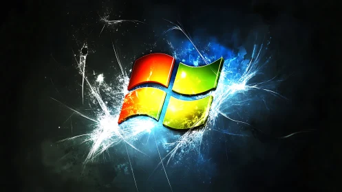 Cyberpunk Windows emblem with luminous energy bursts composition.